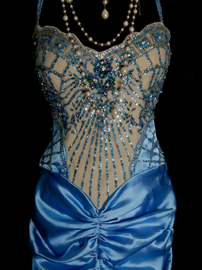Vintage Abschlussballkleider Ästhetisch 1960er Jahre Retro Neckholder Meerjungfrau Perlen Lang Partykleid N2144