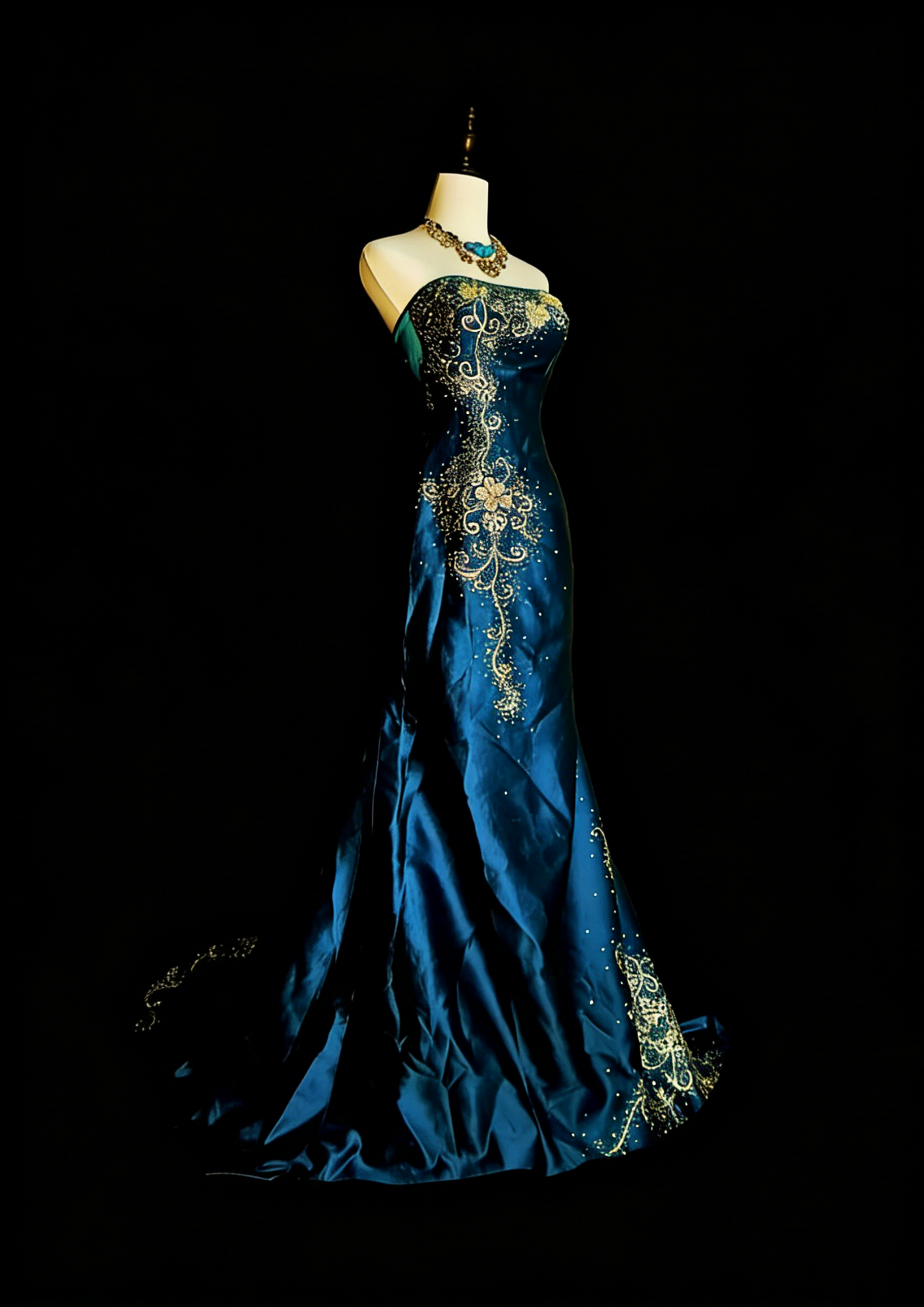Robe de bal longue sirène vintage sans bretelles en satin vert foncé, style années 80, référence N1438
