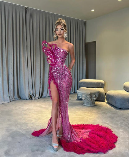 Classy Elegant Mermaid Strapless Marine Ball Dresses Long Dinner Formal Gowns Hot Pink Sequin With Leg Slit Prom Dresses Evening Outfit AB762