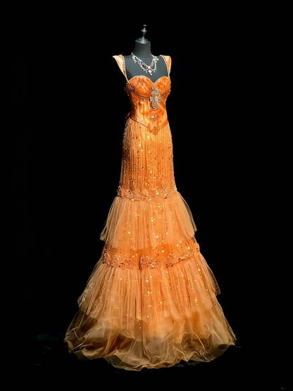 Robe de bal de fin d'année longue en tulle orange à décolleté cœur, style sirène, avec volants et superpositions, pour adolescentes (N1189)