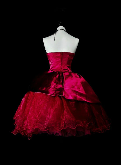 Einzigartiges Ballkleid, trägerlos, burgunderfarbener Tüll, kurzes Mini-Heimkehrkleid, Hoco Kleider N3068