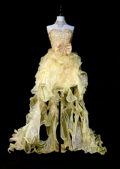 Robe de bal chic en organza jaune à décolleté cœur, tenue de soirée pour le bal de fin d'année scolaire, robe de remise de diplômes pour adolescentes N1370