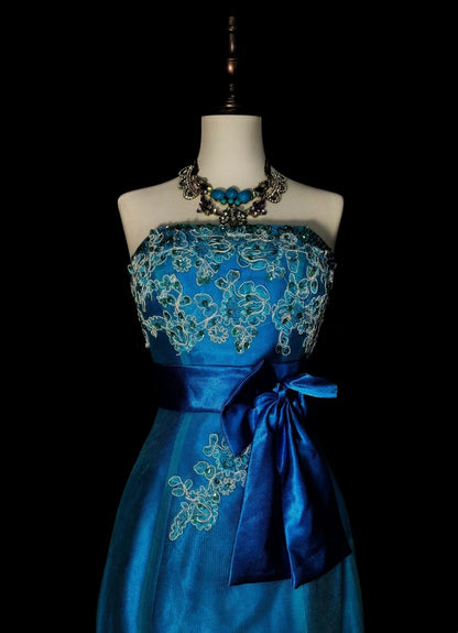 Vintage Meerjungfrauen-Kleid, trägerlos, blau, 2000er Jahre, mit Applikationen, langes, formelles Abendkleid N1359