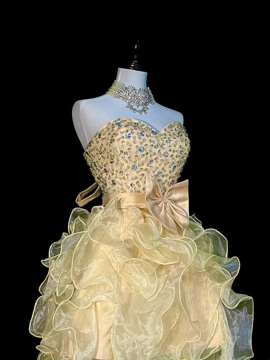 Chic Ball Gown Sweetheart Yellow Organza College Formal Outfit Prom Graduation Dresses For Teens N1370