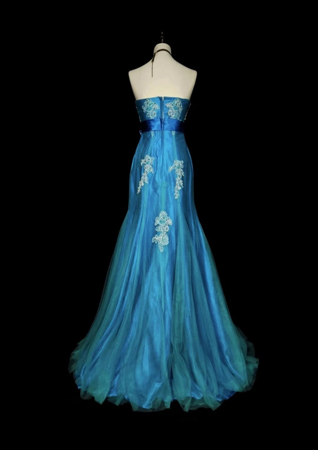 Vintage Meerjungfrauen-Kleid, trägerlos, blau, 2000er Jahre, mit Applikationen, langes, formelles Abendkleid N1359