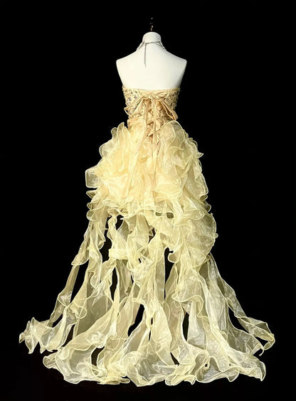 Robe de bal chic en organza jaune à décolleté cœur, tenue de soirée pour le bal de fin d'année scolaire, robe de remise de diplômes pour adolescentes N1370
