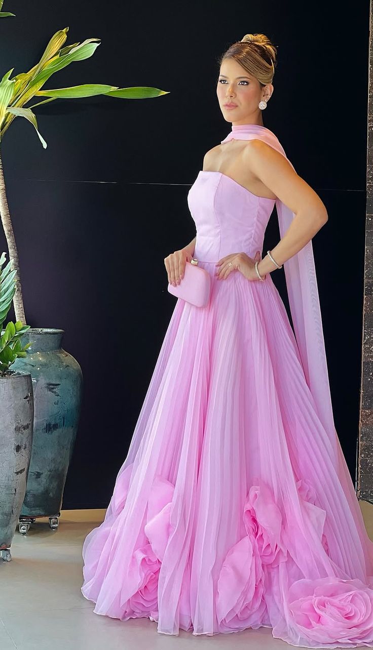 Modest Ball Gown Strapless Pink Chiffon Prom Dresses Inspo Simple Long Prom Gowns With Scarf AB256