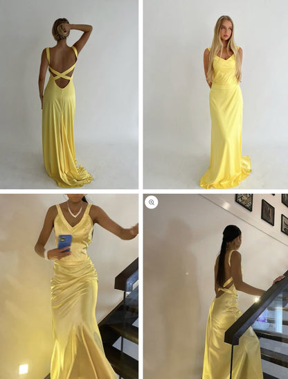 Yellow Mermaid Yellow Satin V-neck Backless Long Evening Prom Dresses Wedding Guest Dress N267