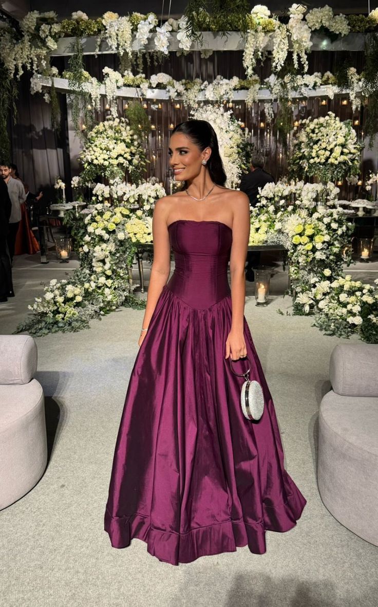 Robe de bal modeste sans bretelles en satin violet, robe de soirée taille basse AB2182