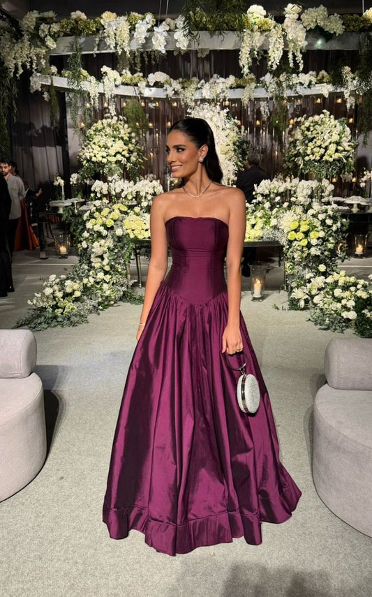 Modest Ball Gown Strapless Purple Satin Prom Dresses Drop Waist Party Dress Evening Dresses AB2182