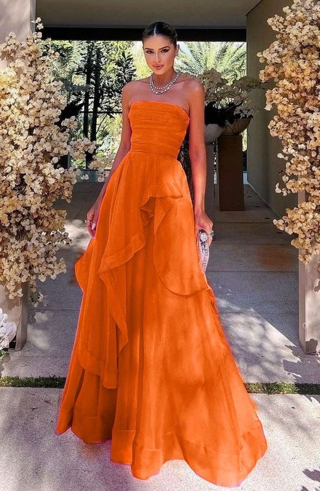 Jolie robe longue de soirée à volants étagés en tulle Première impression, Robe de bal orange N2348