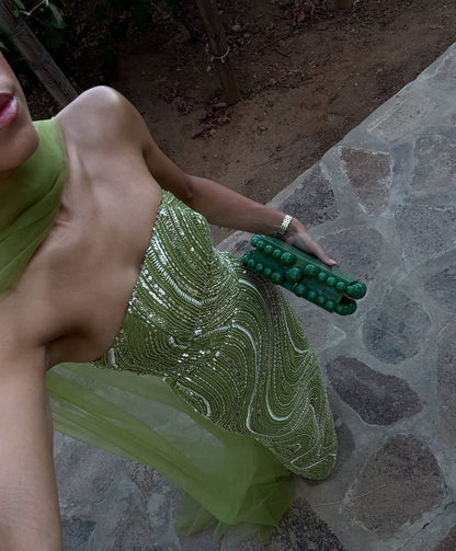 Wunderschönes hellgrünes trägerloses ärmelloses bodenlanges Ballkleid für Damen, luxuriöses, glitzerndes Ballkleid mit Kristallen N2350