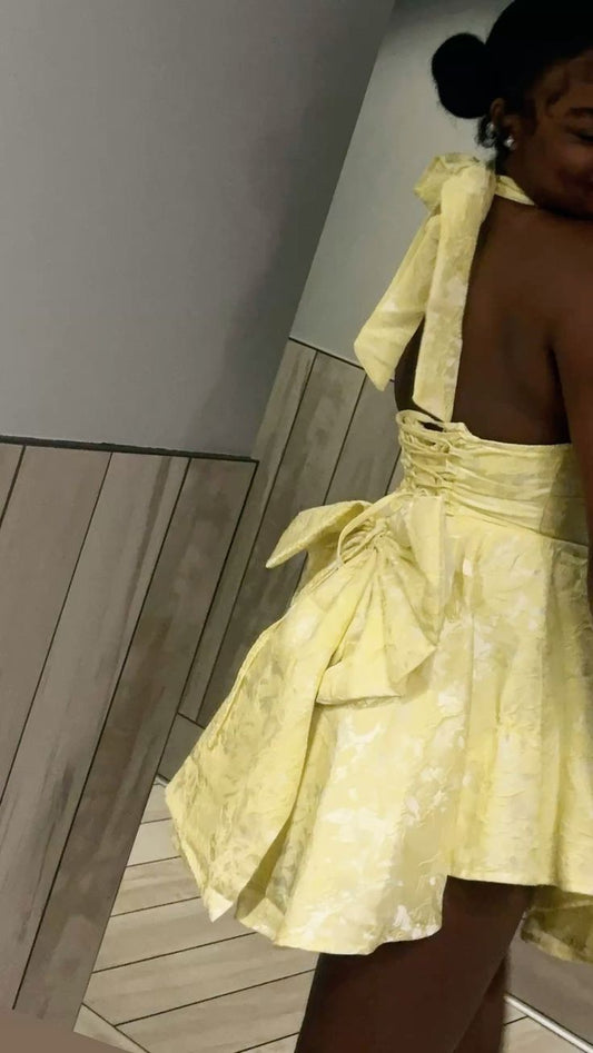 Elegant Ball Gown Halter Yellow Sleeveless Satin For Black Girls For Teens Party Short Mini 20th Birthday Dresses Hoco Outfit RB3786