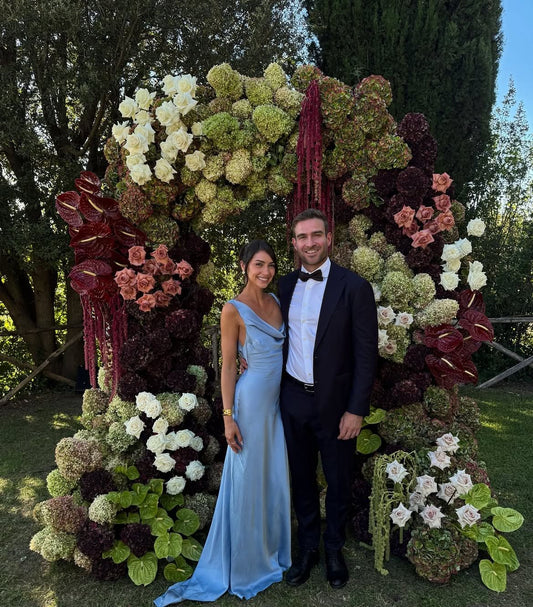 Elegantes Meerjungfrauen-Abendkleid aus hellblauem Satin mit Wasserfallausschnitt, langes Partykleid, AB2183