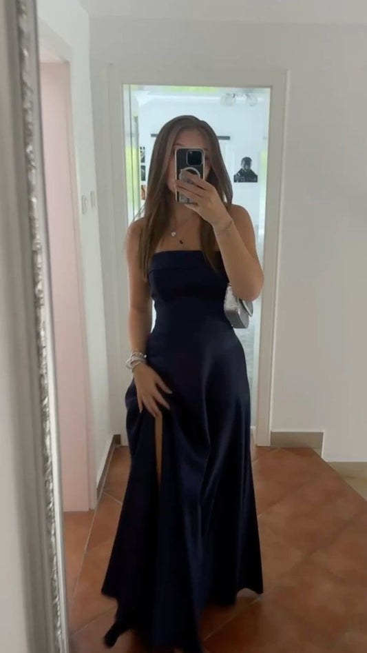 Schlichtes, trägerloses, marineblaues Satin-Abendkleid in A-Linie – Inspiration für Teenager, festliche Kleider, Party-Outfits, Ballkleid AB1128
