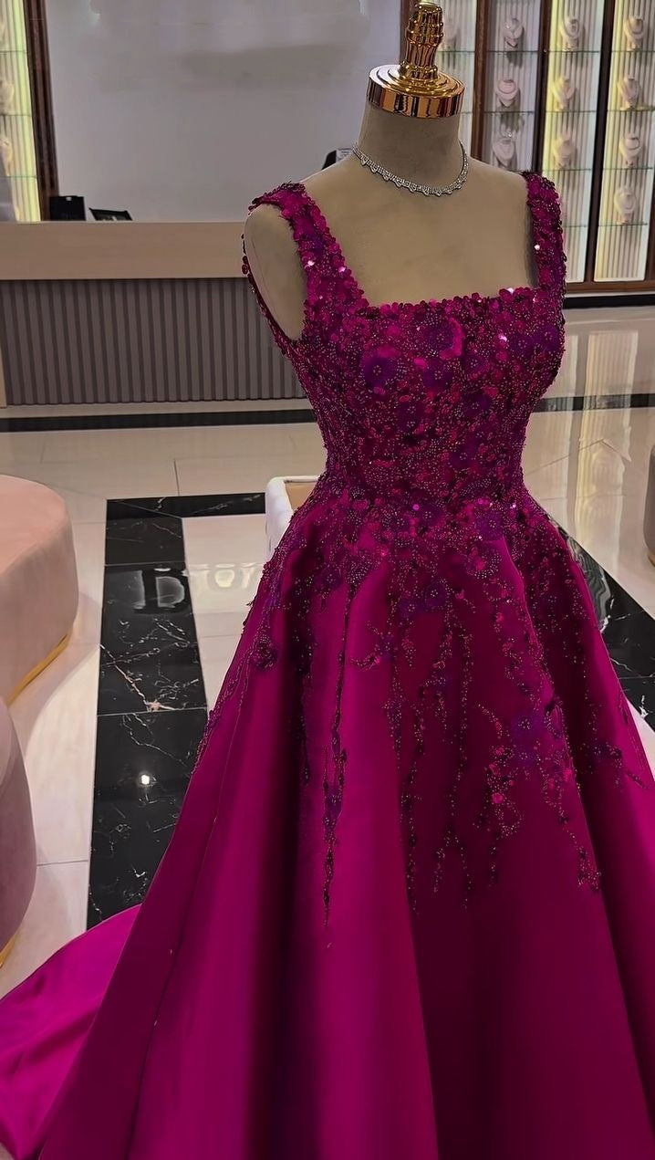 Niedliches Ballkleid mit eckigem Ausschnitt, fuchsiafarbenes Satin-Abendkleid, Partykleid, Outfit zum 21. Geburtstag, Abschlusskleid AB1322