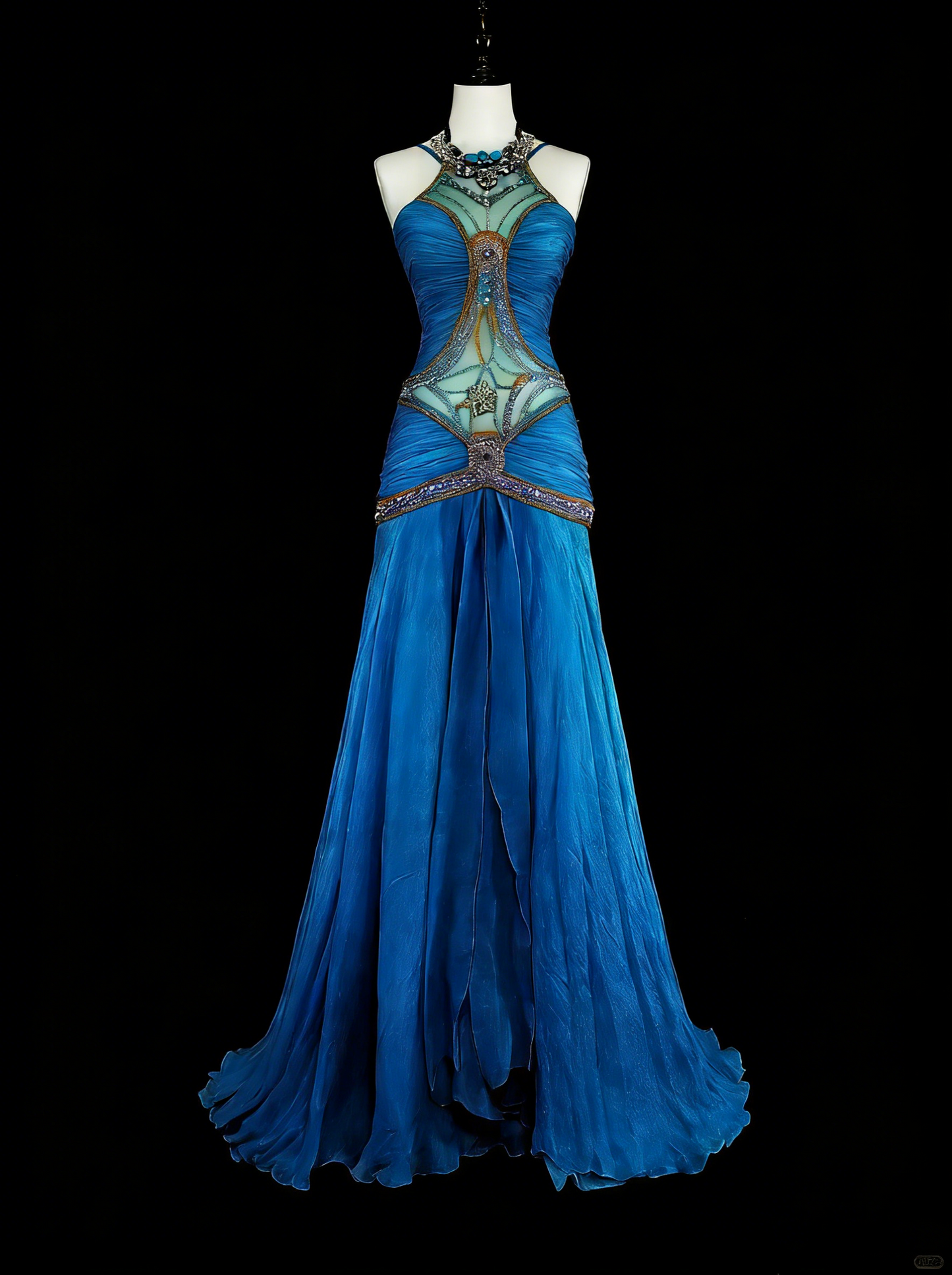 Robe de bal vintage sirène esthétique, col bijou, bleu royal, perles, inspiration classique, N2006