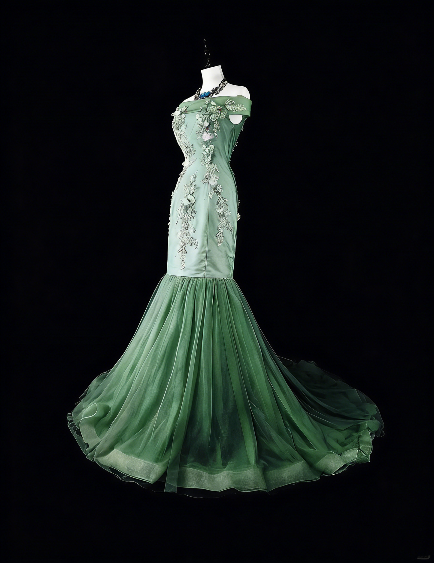 Robe de bal longue vintage sirène vert sauge à épaules dénudées, en dentelle, années 70, référence N1836