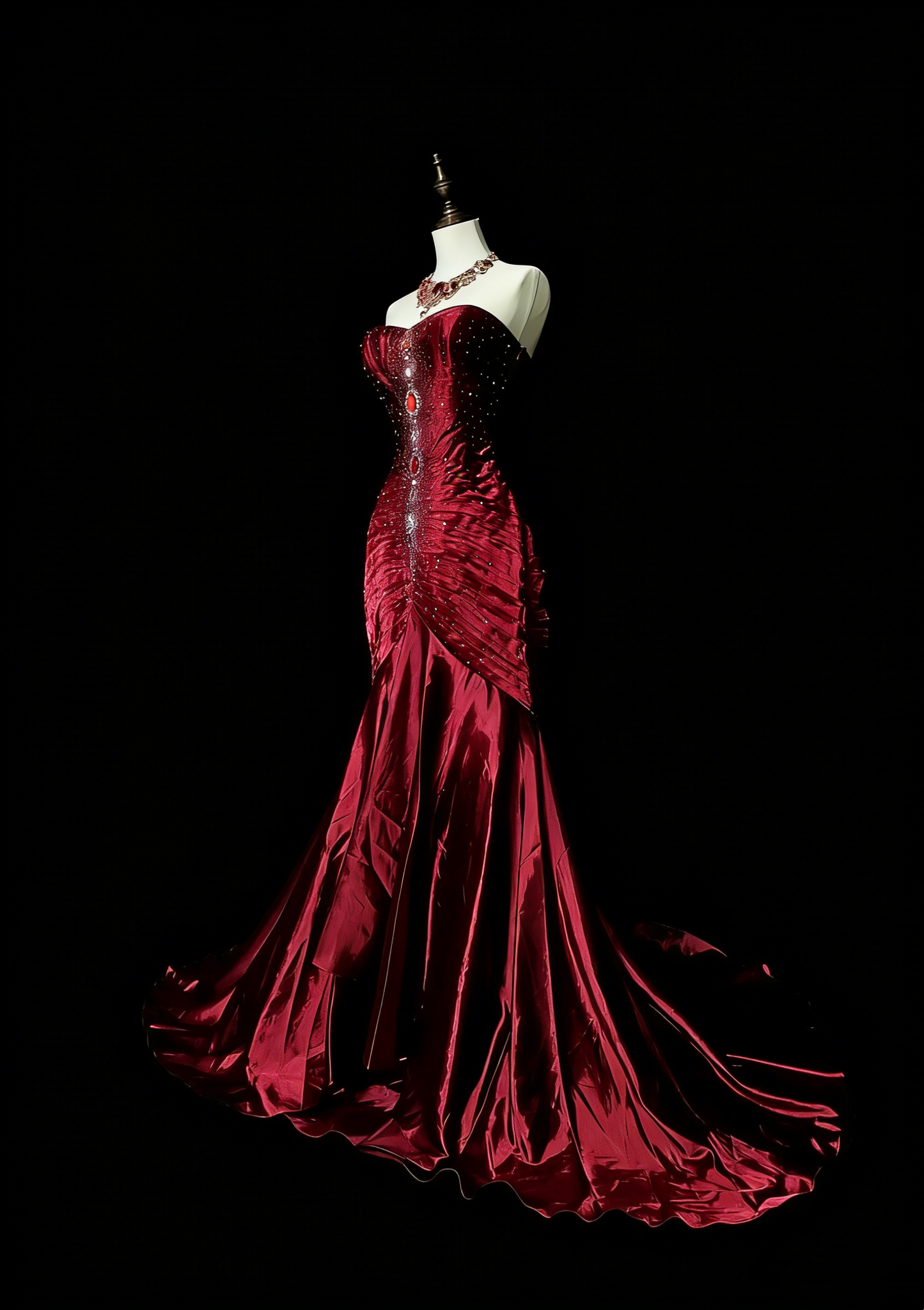 Robe de bal rétro sirène bustier cœur en satin bordeaux vin avec perles et sans manches, style années 70, robe de soirée longue et formelle N1493