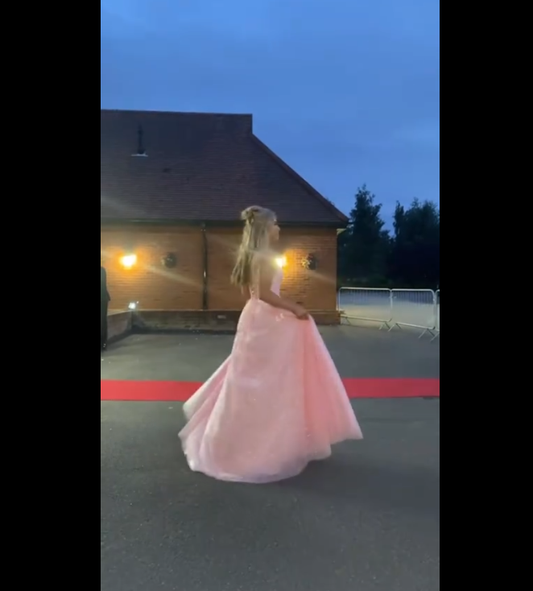 Elegantes, langes, rosafarbenes Glitzer-Tüll-Abendkleid in A-Linie mit V-Ausschnitt – Inspiration für langes Abendkleid AB316