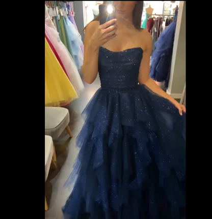 Robe de bal longue bleu marine sans bretelles en tulle perlé, robe de soirée élégante AB323