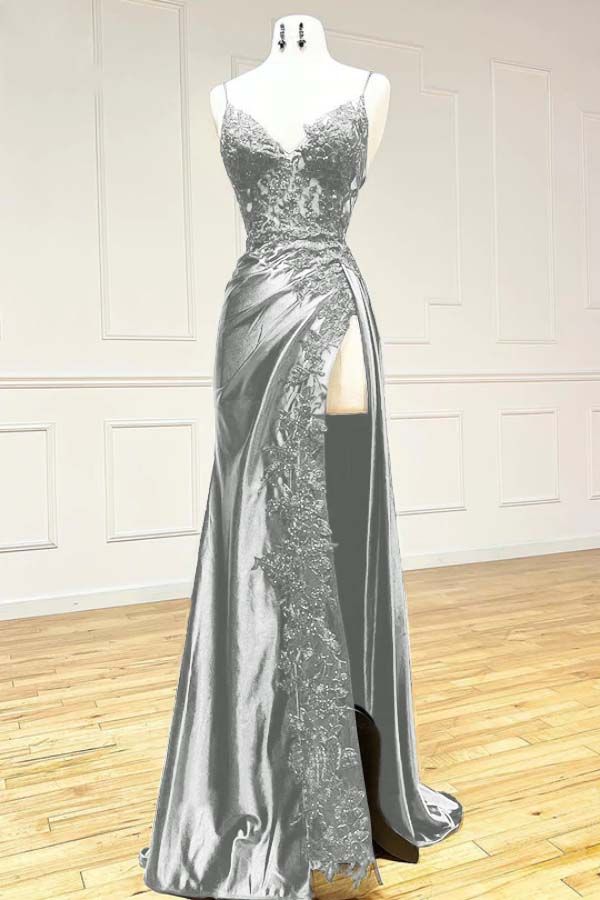 Robe de bal longue sirène bordeaux à fines bretelles et col en V en satin et dentelle AB138
