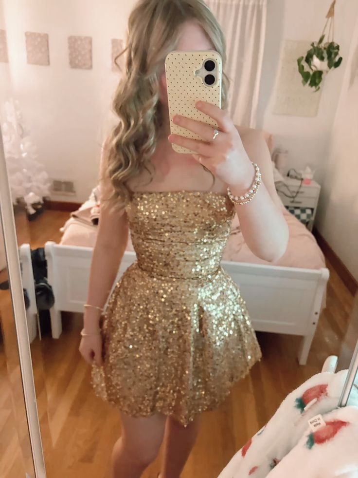 Jolie robe courte bustier trapèze à sequins dorés, inspiration senior, pour anniversaire, 18 ans, tenue de soirée, robe de bal de promo RB3191
