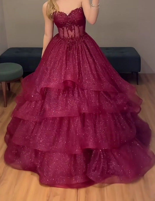 Modest Ball Gown Sweetheart Burgundy Tulle Lace Long Prom Dress Evening Formal Gowns AB465
