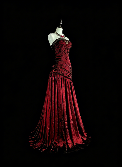 Vintage Prom Dresses Meerjungfrau Trägerlos Dunkelburgunder Satin mit Perlenstickerei 1980er Lange Abendrobe N2708