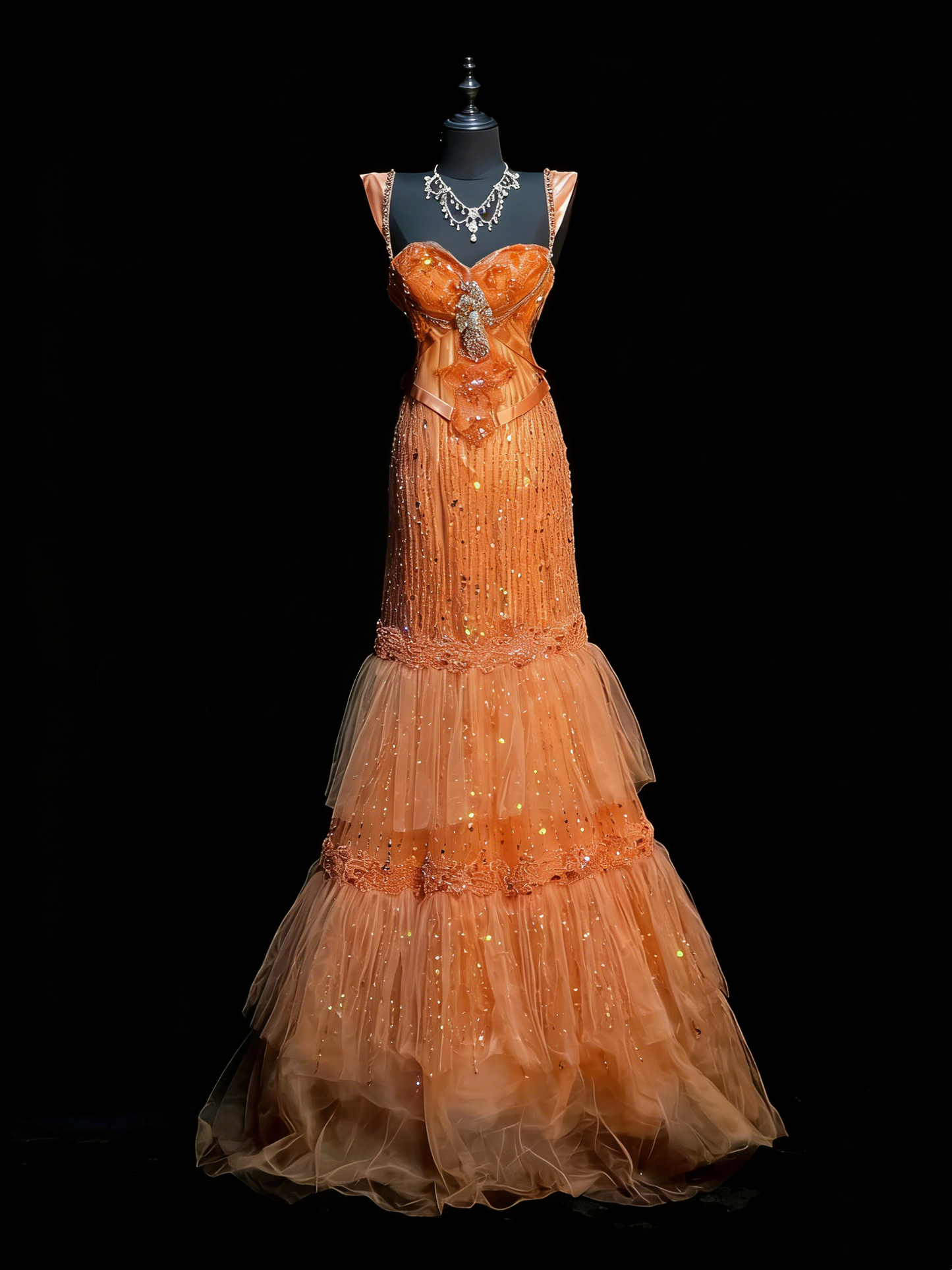 Robe de bal de fin d'année longue en tulle orange à décolleté cœur, style sirène, avec volants et superpositions, pour adolescentes (N1189)