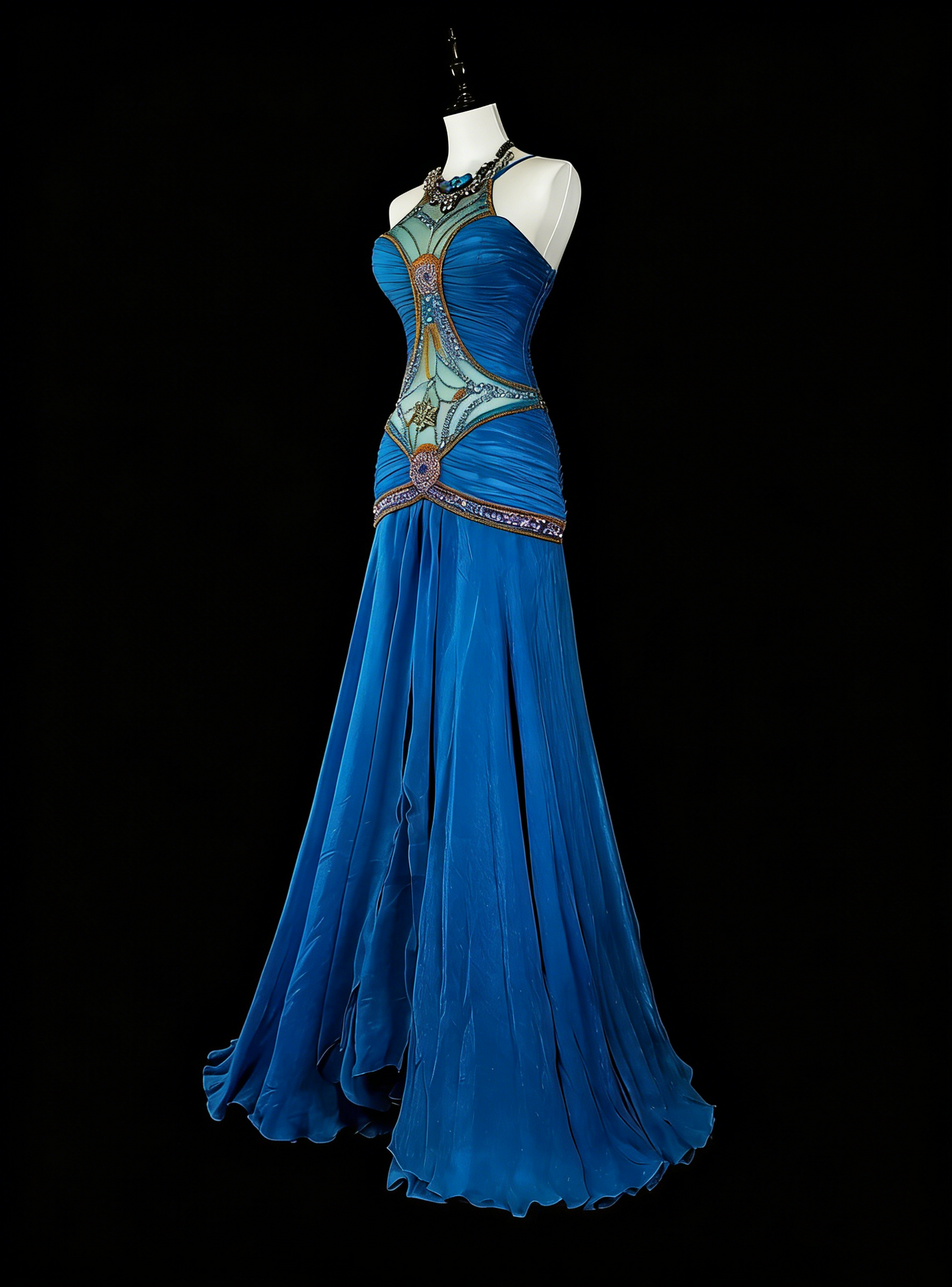 Robe de bal vintage sirène esthétique, col bijou, bleu royal, perles, inspiration classique, N2006
