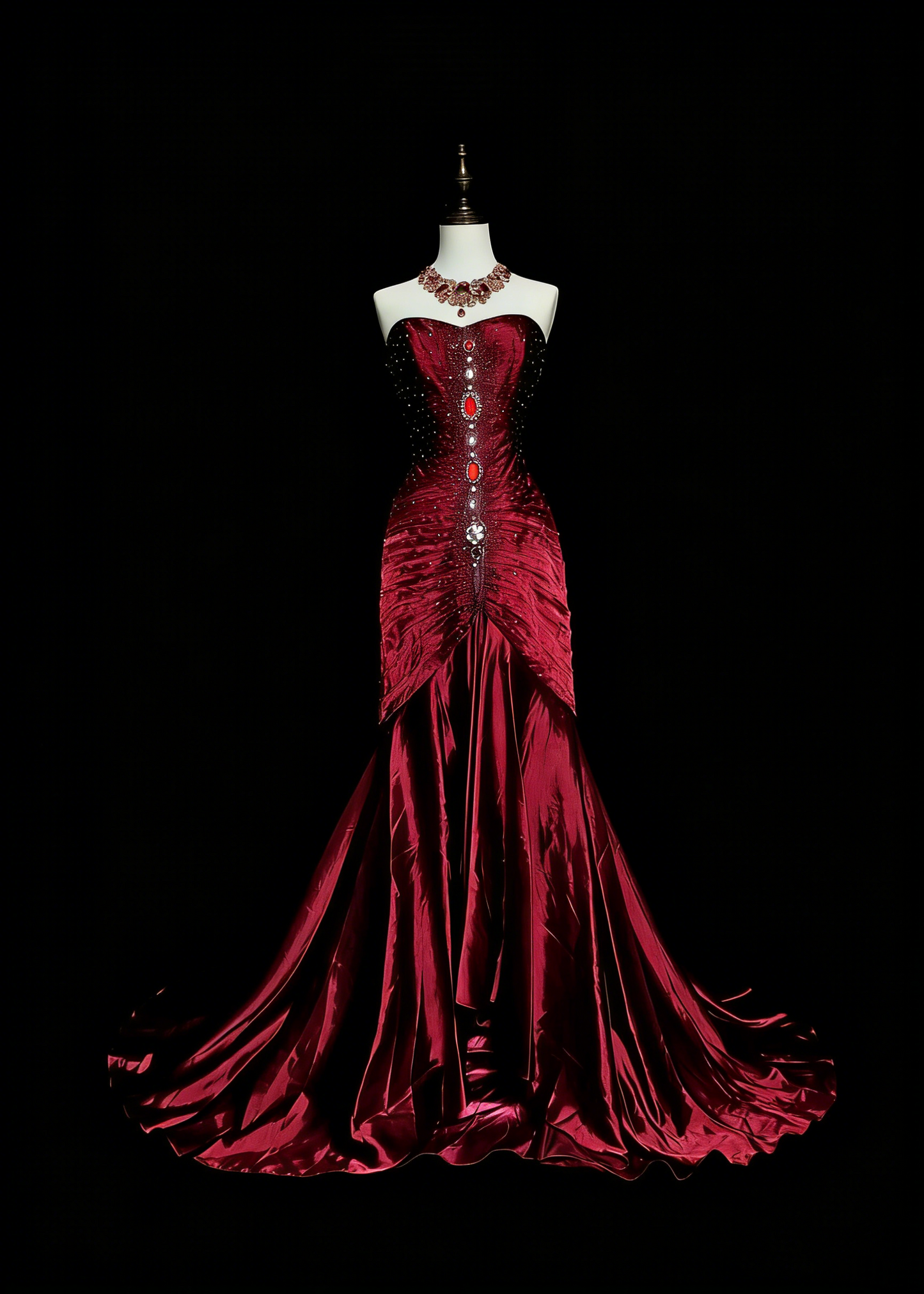 Robe de bal rétro sirène bustier cœur en satin bordeaux vin avec perles et sans manches, style années 70, robe de soirée longue et formelle N1493