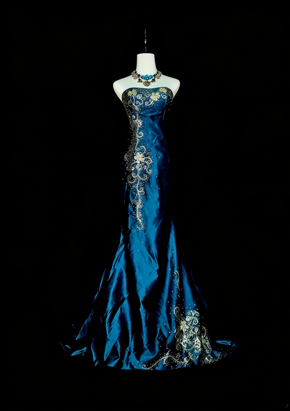 Robe de bal longue sirène vintage sans bretelles en satin vert foncé, style années 80, référence N1438