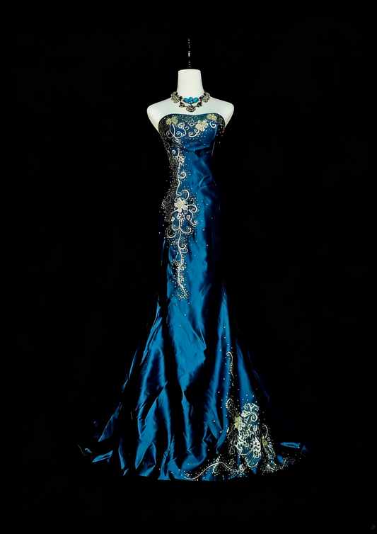 Robe de bal longue sirène vintage sans bretelles en satin vert foncé, style années 80, référence N1438