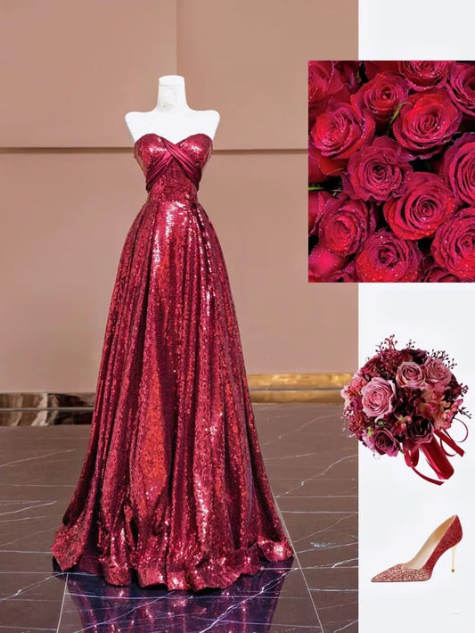 Elegant A Line Sweetheart Burgundy Sequined Evening Women Party Dresses Long Formal Prom Dress 18th Birthday Gown AB1250