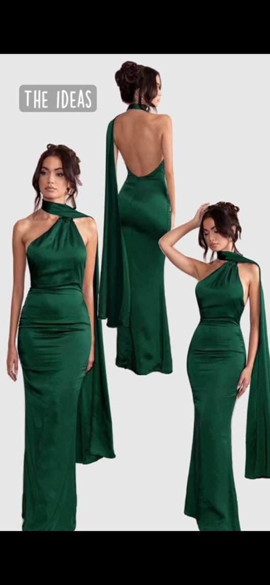 Sexy Mermaid One Shoulder Dark Green Backless Satin Formal Dress Long Prom Dresses N2679