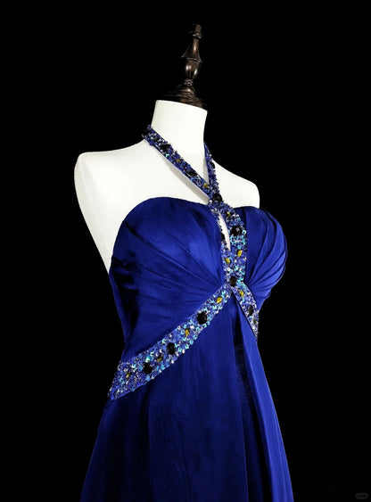 Vintage A-Linien-Abendkleid aus königsblauem Chiffon im Stil der 90er Jahre, formelles Geburtstagskleid, langes Ballkleid N1751