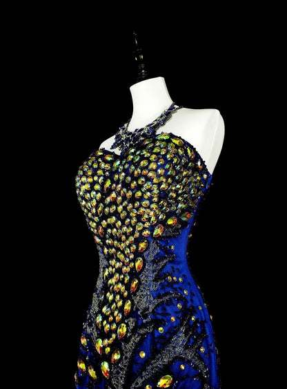 Robe de bal longue vintage sirène bleu royal en tulle, coupe cœur, années 70, référence N1833