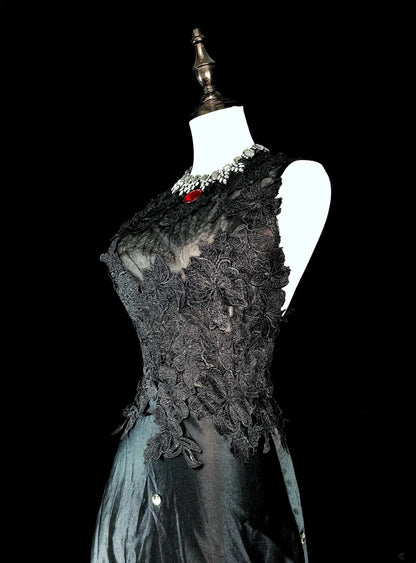 Robes de bal vintage esthétiques en satin noir coupe A avec applications longue robe de soirée N2159