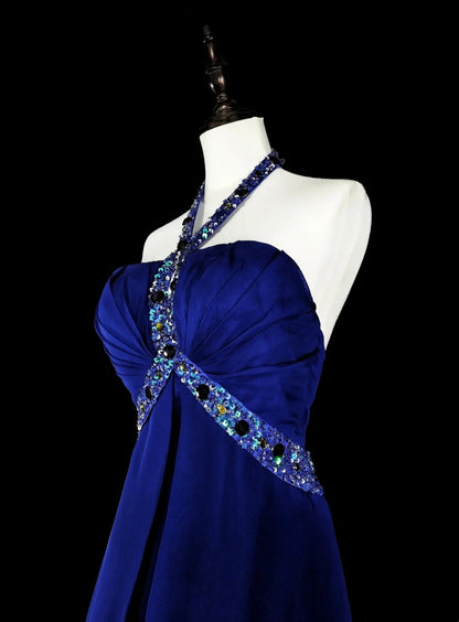 Vintage A-Linien-Abendkleid aus königsblauem Chiffon im Stil der 90er Jahre, formelles Geburtstagskleid, langes Ballkleid N1751