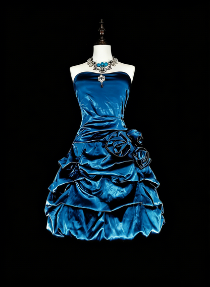 Robe Courte de Bal Mignonne Bustier Bleu Canard avec Fleurs Robes de Soirée N2388