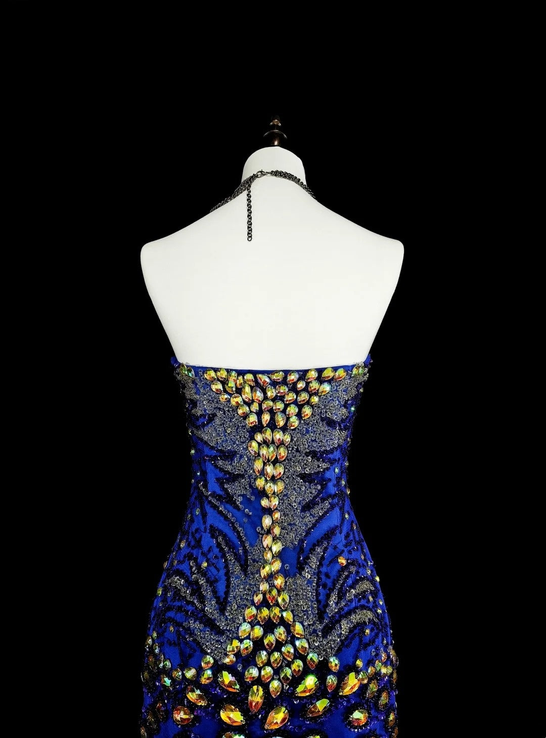 Robe de bal longue vintage sirène bleu royal en tulle, coupe cœur, années 70, référence N1833
