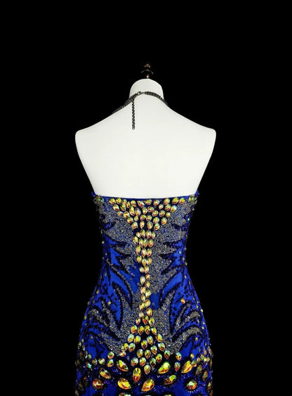 Robe de bal longue vintage sirène bleu royal en tulle, coupe cœur, années 70, référence N1833