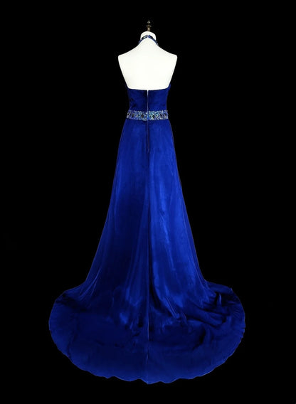 Vintage A-Linien-Abendkleid aus königsblauem Chiffon im Stil der 90er Jahre, formelles Geburtstagskleid, langes Ballkleid N1751