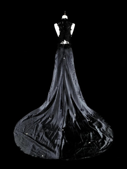Robes de bal vintage esthétiques en satin noir coupe A avec applications longue robe de soirée N2159