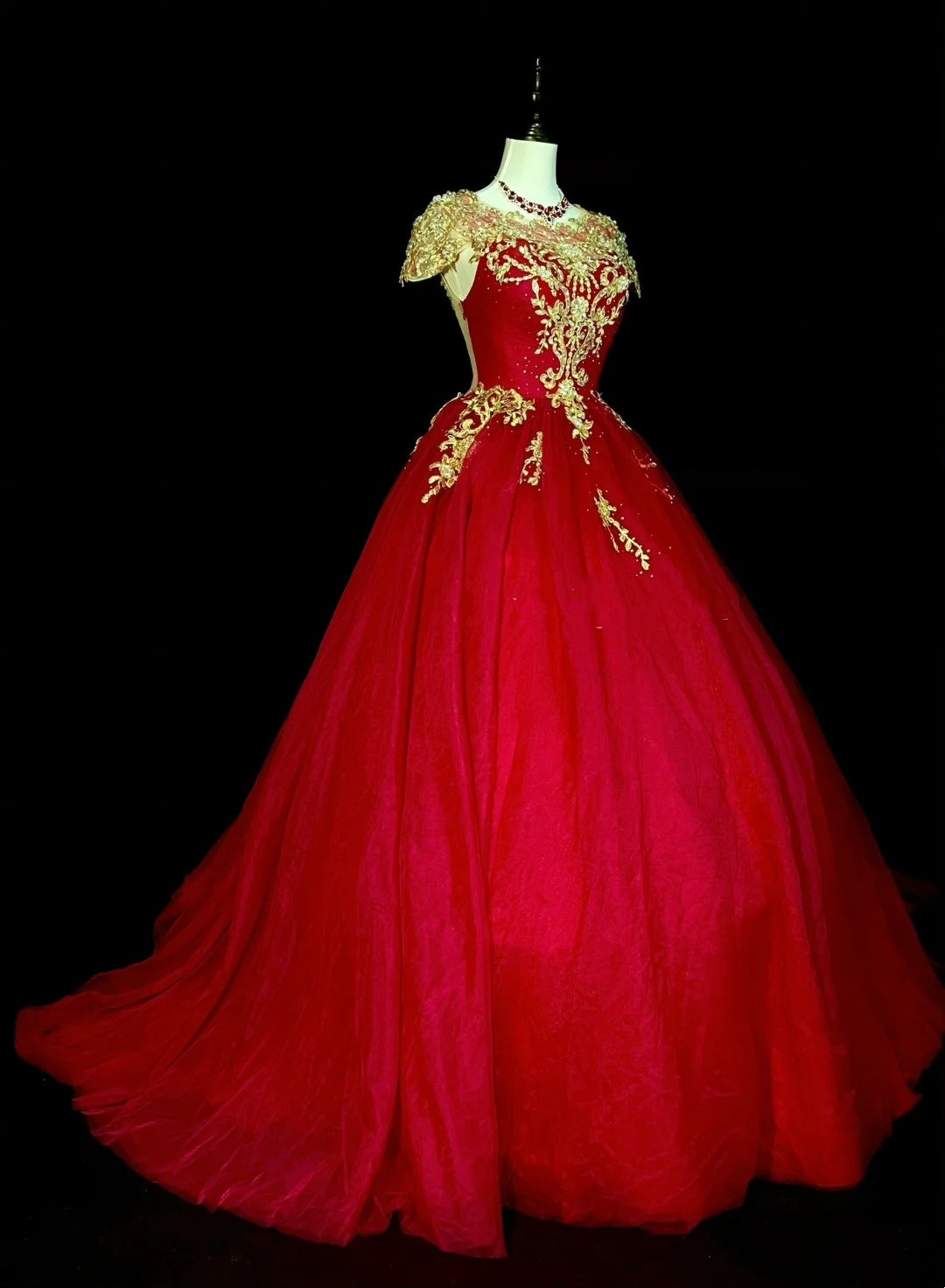 Robe de bal chic, décolleté rond, en tulle rouge et dentelle dorée, longue, tenue de soirée pour jeunes filles, robe de bal de fin d'année N1375