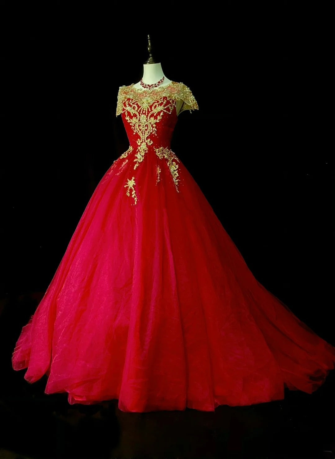 Robe de bal chic, décolleté rond, en tulle rouge et dentelle dorée, longue, tenue de soirée pour jeunes filles, robe de bal de fin d'année N1375