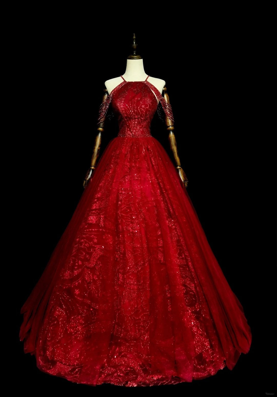 Elegantes, langes, rotes Tüll-Ballkleid mit Neckholder – ein formelles Outfit für College, Abschlussball und Schulabschluss für Teenager (N1372)