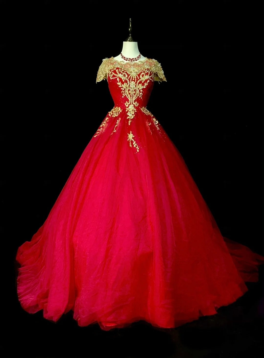 Robe de bal chic, décolleté rond, en tulle rouge et dentelle dorée, longue, tenue de soirée pour jeunes filles, robe de bal de fin d'année N1375