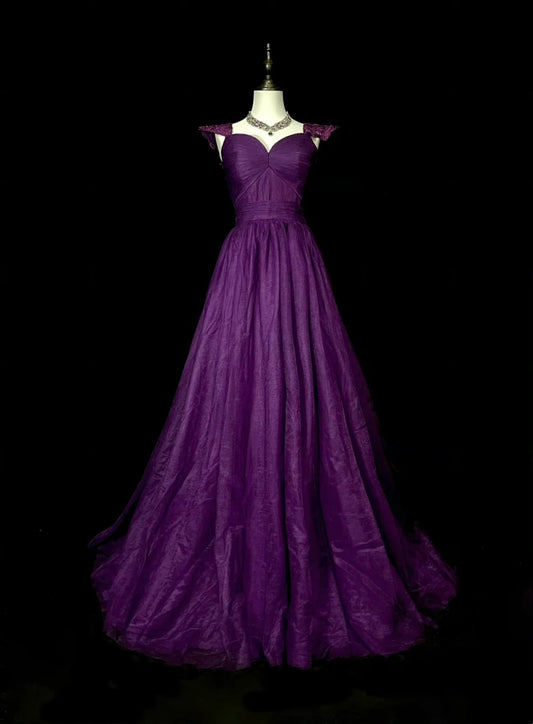 Modest A line Sweetheart Grape Chiffon Sleeveless Senior Prom Dresses High School Long Formal Dress N1377